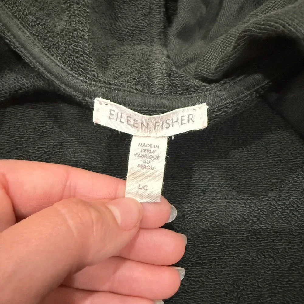 Eileen Fisher Organic Cotton French Terry Hooded Jacket Green Boxy Open Front L